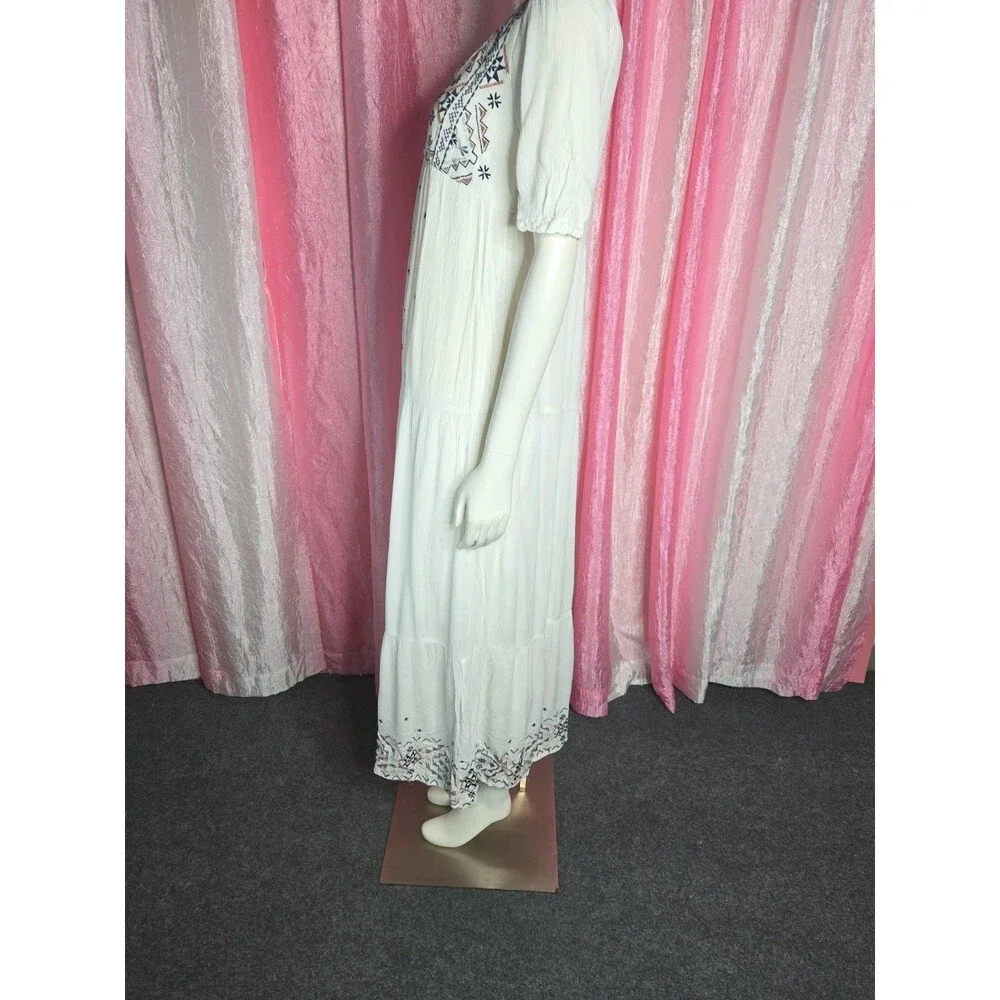 Knox Rose Ivory Boho Embroidered Cotton Lined Tiered Maxi Dress Size XS